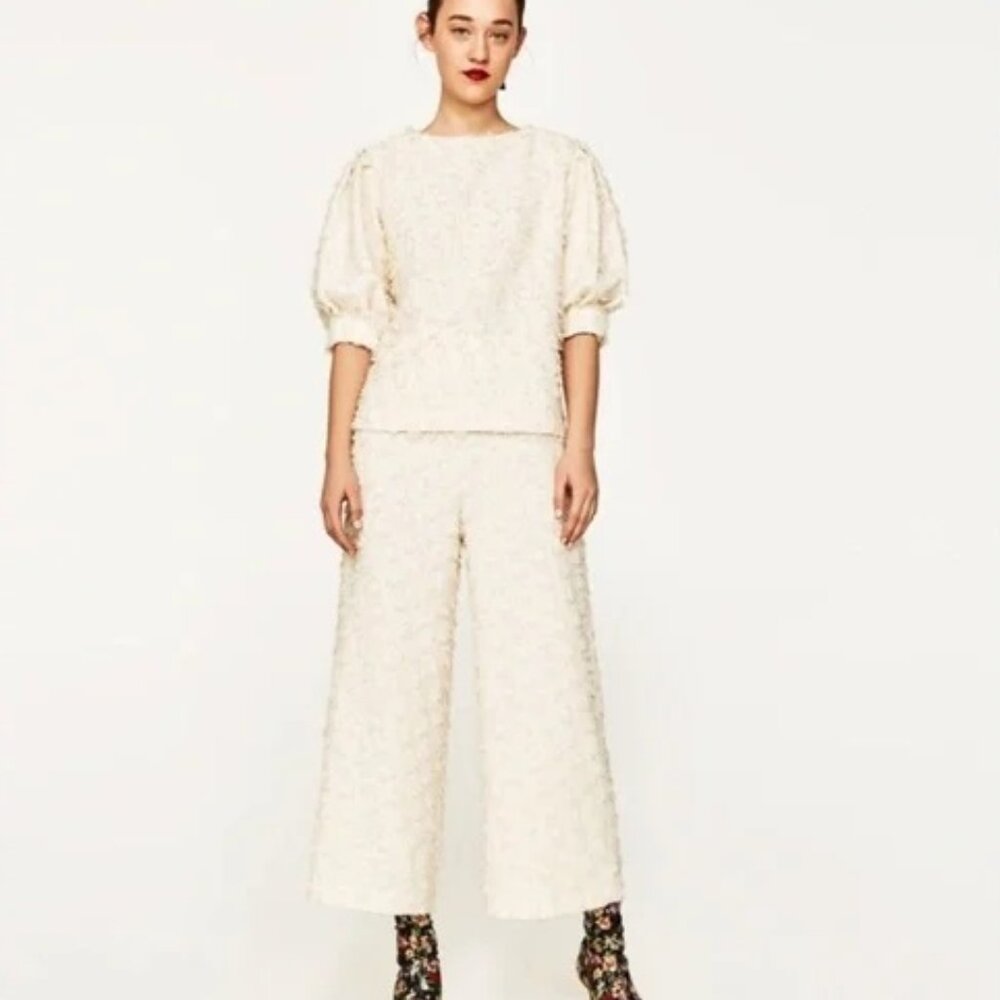 Zara textured culotte trouser pants ecru SZ M